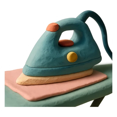 close-up of iron gliding over fabric on ironing board, soft lighting, pastel colors, claymation style sticker