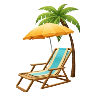 Icon for Beach Tourism: a sunny beach with waves, lounge chair and palm trees, a snorkel mask, capturing the essence of tropical beach relaxation. The icon should feel bright and carefree, without a frame. Transparent background. sticker