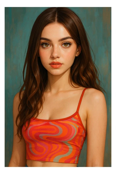 portrait of a girl with brown hair, both straight and wavy, hazel eyes, wearing a baddie style summer top, pale skin sticker