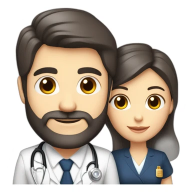 husband classy caucasian executive 55 dark hair trimmed beard wearing business suit holding bible, with wife asian age 55 dark hair wearing nurse uniform sticker