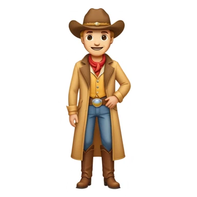 Clash of Clans aesthetic Cheerful Cowboy Portrait Emoji, With a bright, confident smile and a relaxed, adventurous stance, showcasing a stylized, spirited build in a duster coat and classic hat, his face rendered in natural skin tone, Simplified yet expressive features, highly detailed, glowing with a soft, golden western radiance, high shine, upbeat and daring, stylized with an air of classic cowboy allure, soft glowing outline, capturing the essence of a cheerful cowboy ready to gallop into epic adventures! sticker