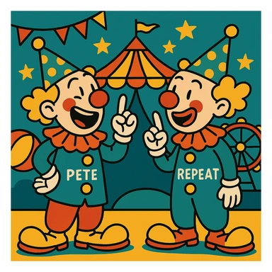 Pete and Repeat as two identical clowns, one telling a joke and the other repeating it, whimsical circus style sticker