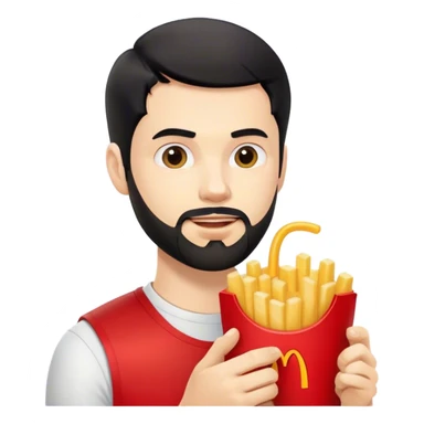 young white man with black short beard and short black hair eating mc Donald’s  sticker