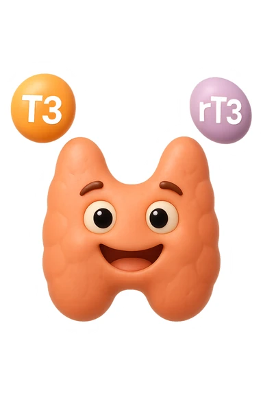 EMOJI STILE IPHONE 3D DI ormoni tiroidei (T3 ed rT3) che fluttuano in aria intorno ad una tiroide felice, iperrealistico 4k sticker