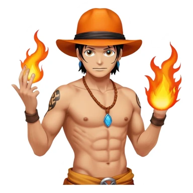 Portgas D. Ace with orange hat, shirtless with ASCE tattoo, fire powers sticker