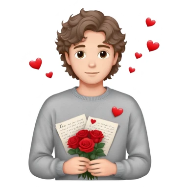 Pretty romantic boyfriend with soft eyes and wavy hair, holding roses and love letters, heart sparkles around him, wearing cozy sweater, dreamy  sticker