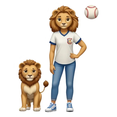 confident anthropomorphised female lion wearing a baseball shirt, jeans, and trainers, showing comfort and support to another character sticker