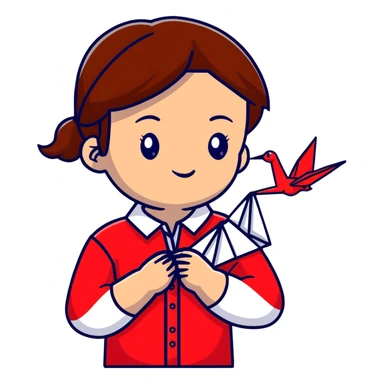 Ukrainian young girl with brown hair wearing an embroidered shirt holds an origami red crane sticker