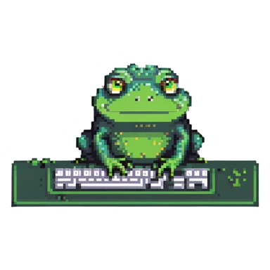 Pepe the frog meme character coding on computer, green frog with sad eyes typing on keyboard sticker