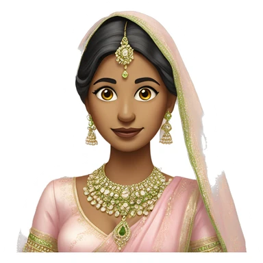 indian bride in baby pink outfit and pistachio green jewellery she also has a beauty mark on the lower right cheek near her lips sticker