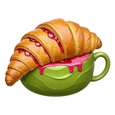 A giant croissant with a closed matcha mug with a strawberry syrup base sticker