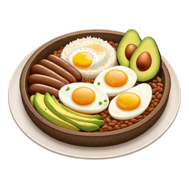 Bandeja Paisa Cinematic Realistic Bandeja Paisa Dish Emoji, depicted as a hearty platter featuring rice, beans, avocado slices, one sausage, a perfectly cooked egg, and crispy pork crackle, rendered with vivid textures and robust, inviting lighting. sticker