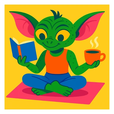 Add a bright yoga mat under the gremlin, preserving the colorful illustration style with vivid and lively colors. sticker