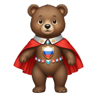 Medium-dark brown bear on all four legs with a sparkling diamond collar or necklace around its neck, Russian flag cape on its back sticker