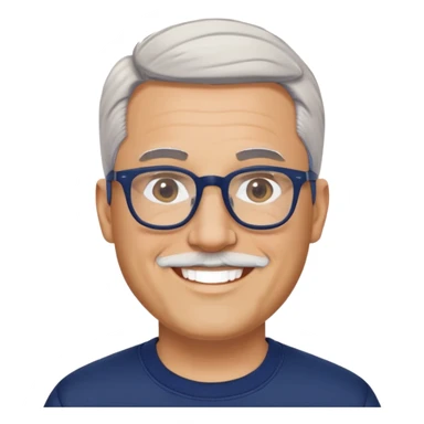 Light-skinned wider-built man with oval face, very close-cut hair (shorter on top, skin fade), short graying beard, big black glasses frames, happy smile, navy blue zip-up sweatshirt with long sleeves sticker