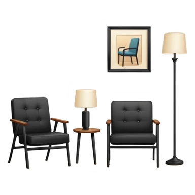 Minimalistic flat vector icon, iOS style, thin black contour on white background. Floor lamp and chair next to a framed picture on wall. Clean, no text, no shadows sticker