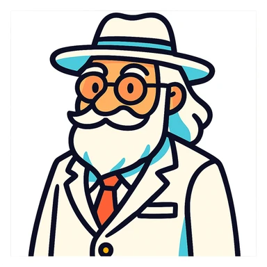 old man with a white hat, long white beard, white moustache, round glasses, white suit, white longish hair, vibrant toon style sticker