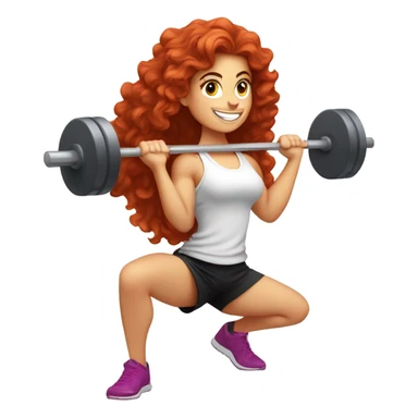 Sporty white Girl coach with long curly red hair doing squat with heavy weights sticker