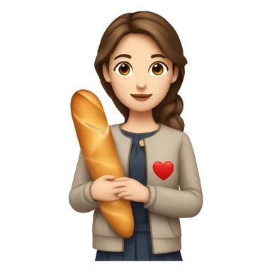 a french girl with brown hair and brown eyes holding a baguette with an emoji heart sticker
