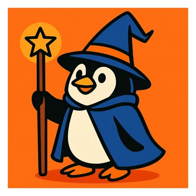 A penguin dressed as a wizard, wearing a pointed hat and holding a magic staff, vibrant toon style sticker
