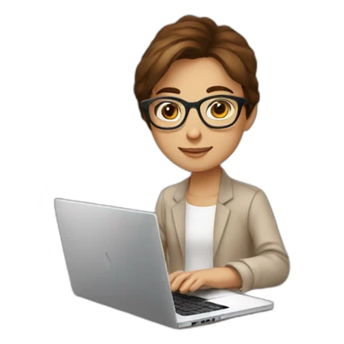 young causcasian designer, brown hair, tortoise square eyeglasses,  working on laptop sticker