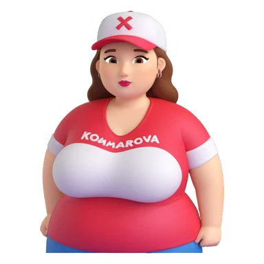 A plus-size woman with a cap that says "Komarova", make her even more plus-size. sticker