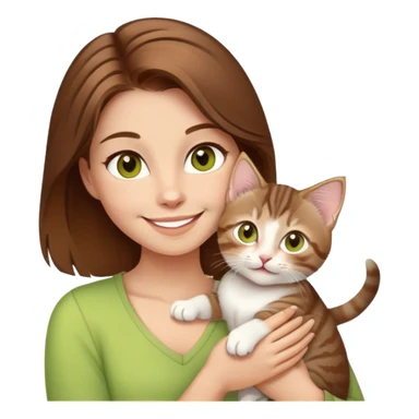 Woman with brown hair, chartreuse eyes, cute happy smile holding a white and brown tabby kitten sticker