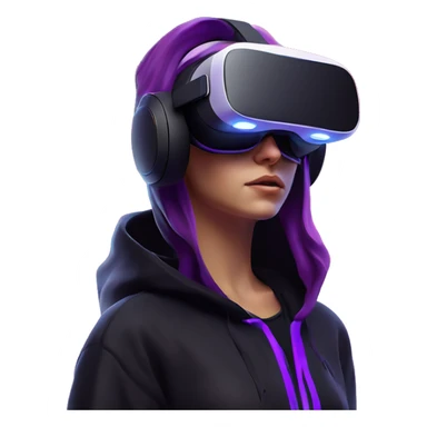 Russian girl wearing black hoody with violet letters "OMG", in vr headset oculus quest2. Standing like jedi. Cyberpunk style. Violet neon. sticker