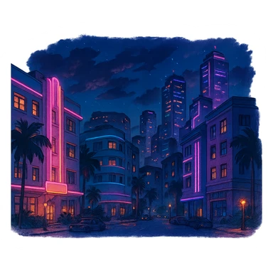 ghibli style GTA 6 inspired city at night with neon lights, no text sticker