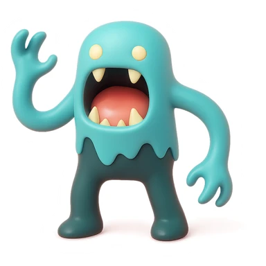 terrifying monster with elongated limbs, gaping mouth with sharp fangs, glowing eyes, shadowy body, toy-like vinyl figure sticker