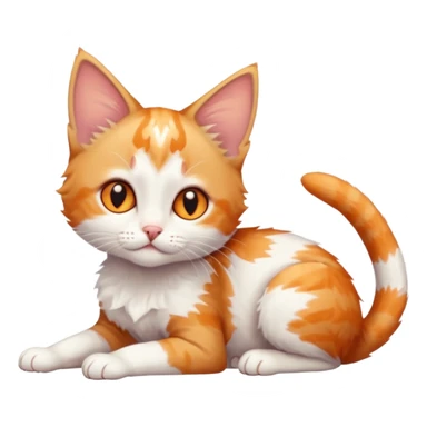 full body of very small + skinny ginger and white kitten with deep orange eyes and triangular shaped face lying down with bent front paws sticker