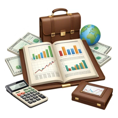 Icon for Business Reading: an open book with a graph and financial charts, a briefcase, a calculator, and a laptop nearby. The icon should represent the world of business, finance, and professional growth. Transparent background. sticker