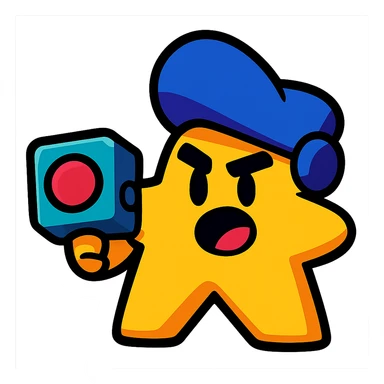 meeple character inspired by Brawl Stars, holding a gadget, bold outlines, vibrant colors sticker