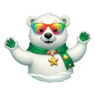 friendly anthropomorphised polar bear smiling, wearing large multicolored star-shaped glasses and festive St. Patrick's Day outfit, floating on back in water sticker