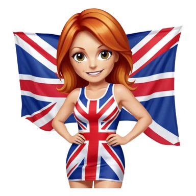 Geri Halliwell smiling with red hair and blonde highlights wearing a short bodycon Union Jack flag dress sticker