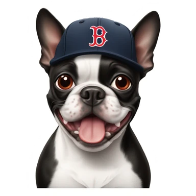 Boston terrier with a Boston Red Sox hat sticker