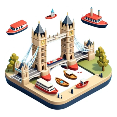 Isometric illustration of London with Tower Bridge over a small river section, toy-style boats, Big Ben peeking in background, vibrant yet muted colors, in miniature diorama style. sticker