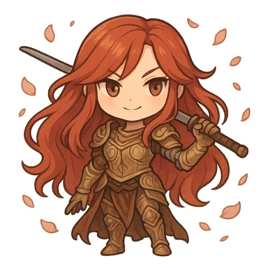 Malenia, Blade of Miquella, chibi style, without helmet, long red hair, golden armor, prosthetic arm, katana resting on shoulder, surrounded by petals, cute and powerful sticker