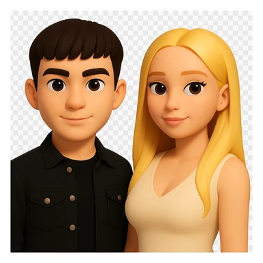 Slightly increase the volume of the upper body of the girl, separate the girl and the boy from each other, make the skin color the same for both characters. Maintain the cartoonish 3D style as in the reference image. Keep the background transparent. sticker