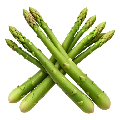 green asparagus bundle, tight tips, firm stalks, color fades from bright green to pale at base, smooth with vertical ridges, natural color variation, stems aligned, unpeeled, slightly curved, no extras, soft lighting, emoji scale sticker