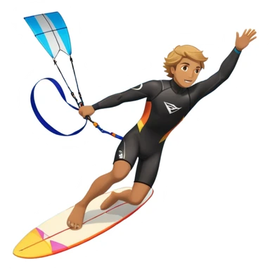 An athlete in a wetsuit riding a kiteboard, soaring over the waves with the kite high in the sky. The background features a vibrant blue sky and crashing ocean waves, capturing the thrill and freedom of kitesurfing in dynamic motion. sticker