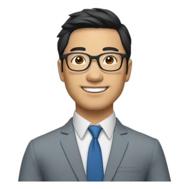 Young Business man with Black hair and round Glases, smiling, asian, blaue suit, without tie sticker