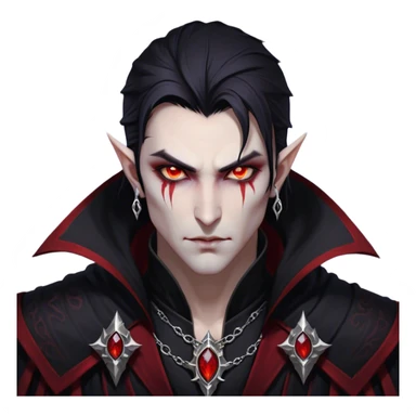 Cinematic Realistic WoW Vampire Mage Portrait, head tilted epicly and inquisitively, showcasing a commanding presence and ancient arcane mastery. His pallid skin and sleek dark hair are set against the intricately detailed black robe—with silver accents and mystical runes—that remains consistent in its shadowed elegance. His piercing crimson eyes blaze with forbidden power, rendered with dramatic, lifelike clarity and high shine, epic and awe-inspiring. sticker