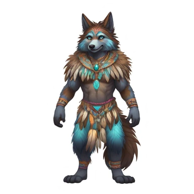 Anthro Fluffy Colorful Shy Spiritual Shamanic WereWolf-sona With Shiny Tribal Markings wearing feathers Full Body Detailed High Quality sticker