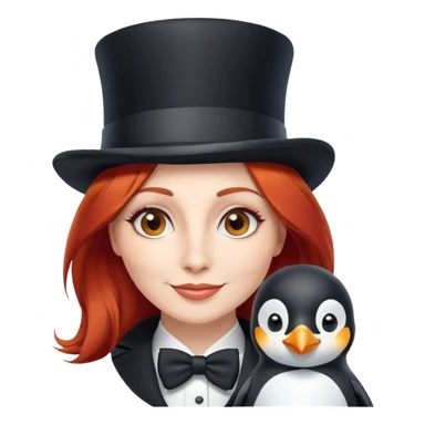 uma mulher feliz com cabelos ruivos e uma cartola com um pinguim sticker