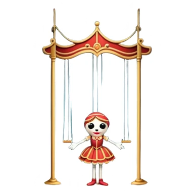 Icon for Puppet Theater: a puppet on strings with theatrical curtains in the background, along with a small stage and dramatic lighting. The icon should represent the whimsical and artistic nature of puppet performance. Transparent background. sticker