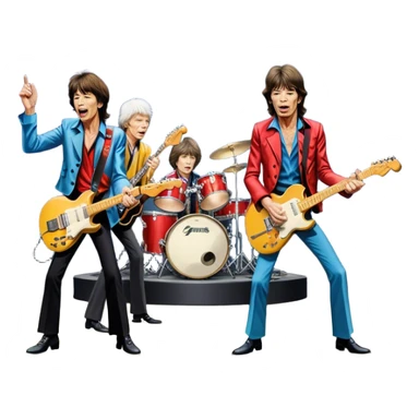 Icon for Rock Music: The Rolling Stones live on stage with Mick Jagger performing vocals, Keith Richards playing guitar, and Charlie Watts on drums. Iconic stage lights, electric guitars, and energetic crowd. Transparent background. sticker