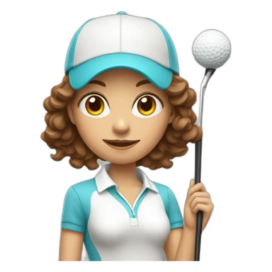 female with brown wavy hair dressed in golfwear with golf club and golf ball sticker