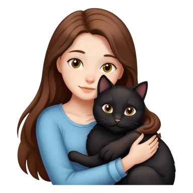 A girl with long brown hair hugs a black cat tightly sticker