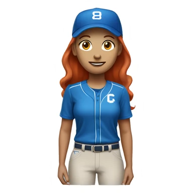 white female coach standing up with red hair in blue shirt and with a simple colored blue baseball hat sticker